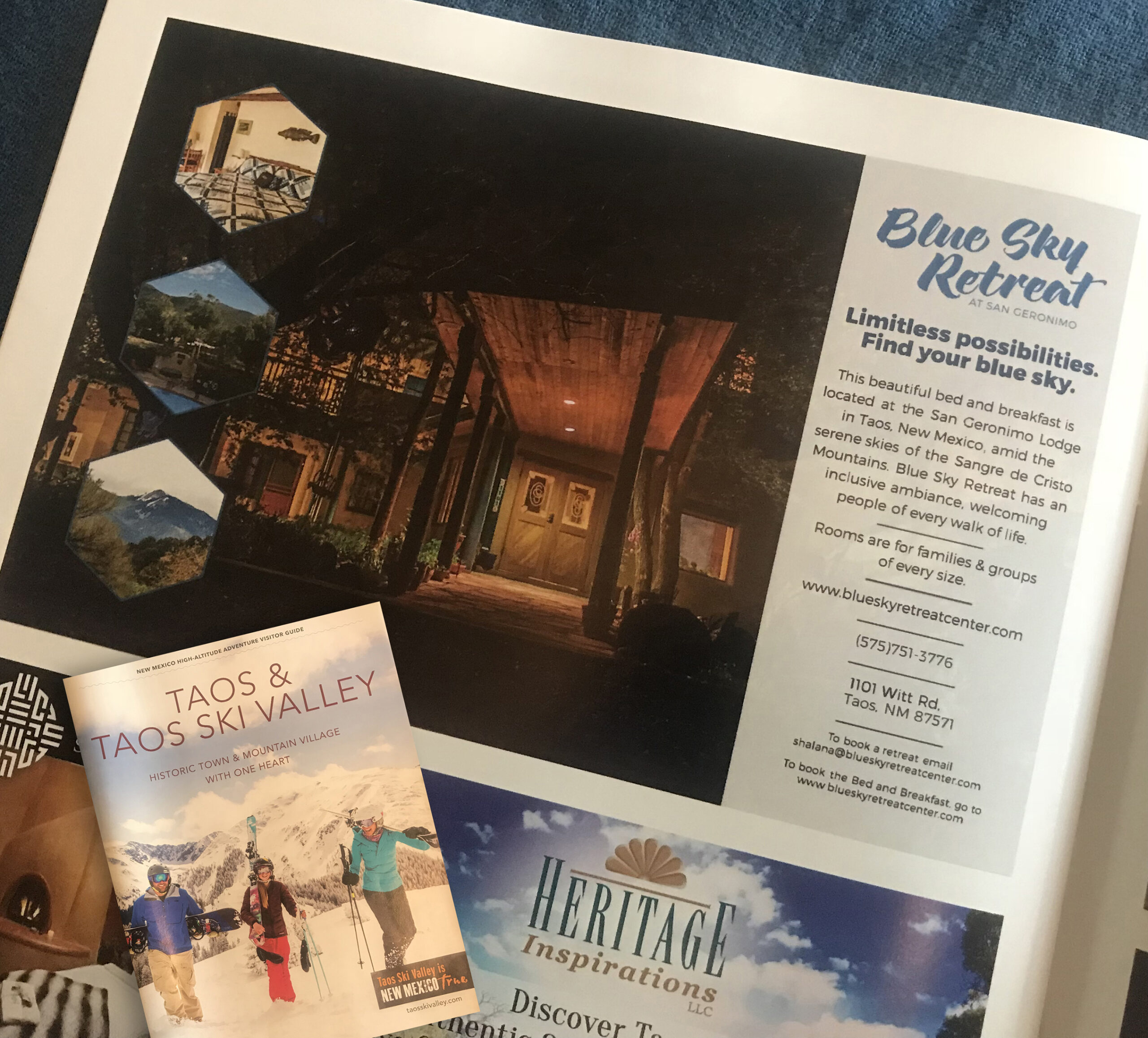 Taos Tourism advertisement photographed and designed for Blue Sky Retreat Center.